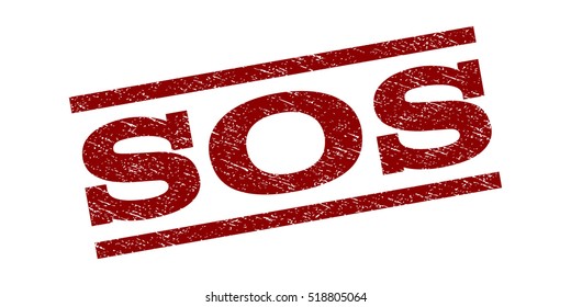 Sos watermark stamp. Text tag between parallel lines with grunge design style. Rubber seal stamp with dirty texture. Vector dark red color ink imprint on a white background.
