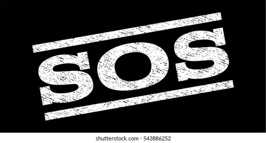 Sos watermark stamp. Text tag between parallel lines with grunge design style. Rubber seal stamp with scratched texture. Vector white color ink imprint on a black background.