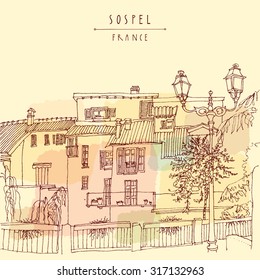 Sospel, France, Europe. River bank, residential houses, lamps and trees. Vector vintage colorful touristic postcard poster template with hand lettered title. Calendar concept illustration. Retro style