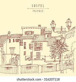 Sospel, France, Europe. Vector illustration. River bank, residential houses, lamps and trees. Retro style postcard or poster with Sospel, France hand lettered title