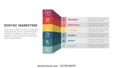 sostac digital marketing plan infographic 6 point stage template with 3d shape box information concept for slide presentation