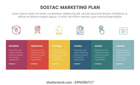 sostac digital marketing plan infographic 6 point stage template with rectangle table box with symmetric balance right direction for slide presentation vector