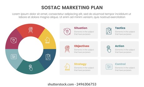 sostac digital marketing plan infographic 6 point stage template with big circle on left column with box table description for slide presentation vector