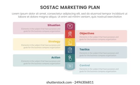 Sostac Plan de marketing digital Infografía Plantilla de etapa de 6 puntos con forma de rectángulo de Vertical redonda para Vector de presentación de diapositivas