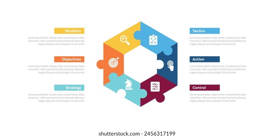 SOSTAC Marketing Planning Infografik Vorlage-Diagramm mit Sechseck mit Puzzle-Stilkombination mit 6-Punkt-Kreativdesign für Diapräsentations-Vektorgrafik