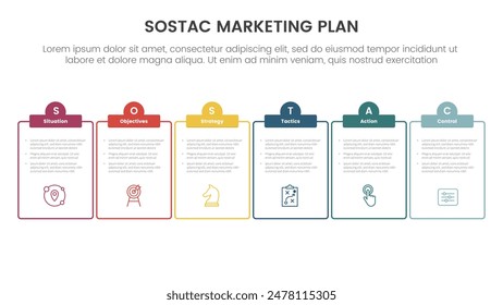SOSTAC marketing planning model infographic with outline table and half circle header with 6 step points for slide presentation vector