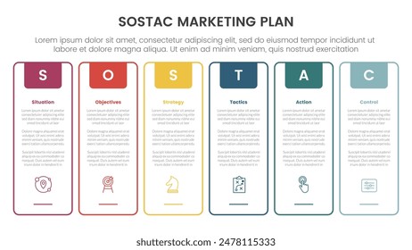 SOSTAC marketing planning model infographic with outline tall box creative header badge with 6 step points for slide presentation vector
