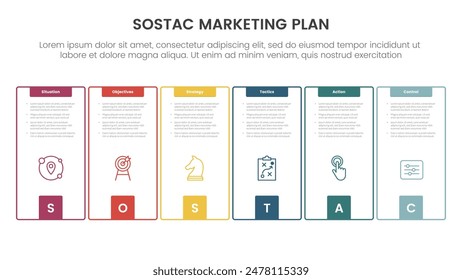 SOSTAC marketing planning model infographic with creative outline box with square bottom accessories with 6 step points for slide presentation vector