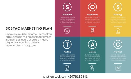 SOSTAC marketing planning model infographic with big fullpage box on right side with 6 step points for slide presentation vector