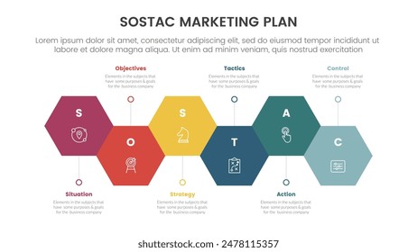 Infografía del modelo de planificación de marketing SOSTAC con forma hexagonal Horizontal hacia arriba y hacia abajo con 6 puntos de paso para el Vector de presentación de diapositivas