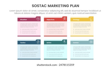 SOSTAC marketing planning model infographic with small rectangle box table with strong header with 6 step points for slide presentation vector