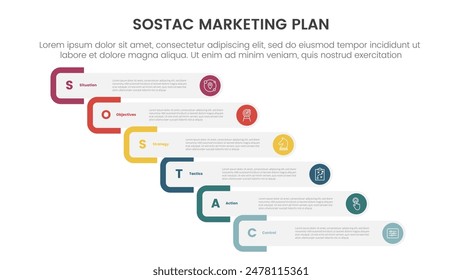 SOSTAC marketing planning model infographic with round rectangle staircase or waterfall step with 6 step points for slide presentation vector