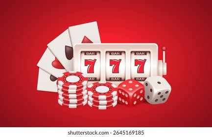 Sot machine, playing cards, chips and dice. Vector 3d illustration isolated on red background.
