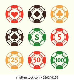 Sot of nine gambling poker chips vector colored design elements