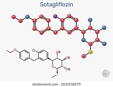 Molécula de sotagliflozina. Inibidor duplo SGLT1 e SGLT2 usado no tratamento da diabetes. Folha de papel em uma gaiola. Ilustração vetorial 
