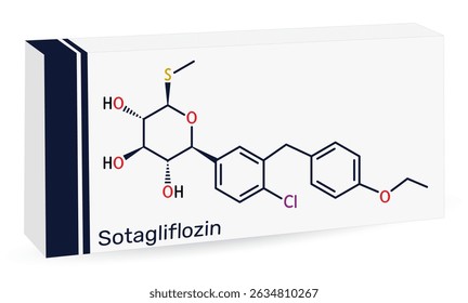 Molécula de sotagliflozina. Inibidor duplo SGLT1 e SGLT2 usado no tratamento da diabetes. Fórmula química esquelética. Embalagem de papel para drogas. Ilustração vetorial
