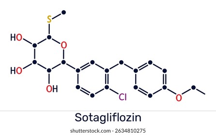 Molécula de sotagliflozina. Inibidor duplo SGLT1 e SGLT2 usado no tratamento da diabetes. Ilustração vetorial 