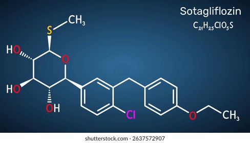 Sotagliflozin molecule. Dual SGLT1 and SGLT2 inhibitor used in diabetes treatment. Dark blue background. Vector illustration 