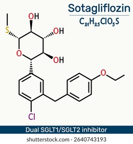 Sotagliflozin molecule. Dual SGLT1 and SGLT2 inhibitor used in diabetes treatment. Vector illustration 