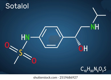 Molécula de medicamento de álcool. Usado para tratar e prevenir ritmos cardíacos anormais. Fórmula química estrutural, fundo azul escuro. Ilustração vetorial