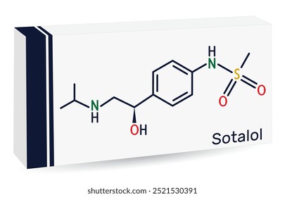 Molécula de fármaco de sotalol. Se usa para tratar y prevenir los ritmos cardíacos anormales. Fórmula química esquelética. Envases de papel para medicamentos. Ilustración vectorial