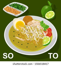 Soto ayam or chicken soto,  is a traditional Indonesian soup mainly composed of broth, meat, and vegetables. with yellow coconut milk broth, and fried shallot