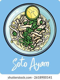 Soto ayam, a traditional food from Indonesia in cartoon style.