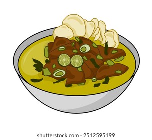 Soto daging sapi or yellow beef soup made of beef broth with chunks of meat Madura food Indonesia
