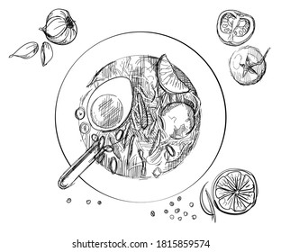 Soto meat chicken soup culinary Indonesian flavor hand drawn sketches white isolation background 