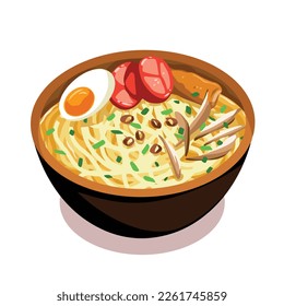 Soto Mie Ayam. Chicken noodle with egg and tomato. Indonesian gourmet yummy food vector illustration isolated on plain white square background. Food drawing with cartoon simple flat colored art style.