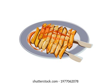 So-tteok so-tteok a popular South Korean street food. Fried garae-tteok or rice cakes with sauce. Isolated plate of So-tteok so-tteok on white background vector illustration. Asian food drawing. 