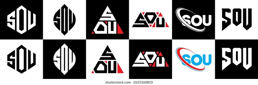 SOU carta logotipo design em seis estilo. Polígono SOU, círculo, triângulo, hexágono, estilo simples e plano com logotipo de letra de variação de cor preto e branco definido em uma prancheta. SOU minimalista e logotipo clássico