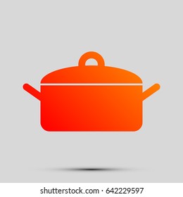 Soucepan, pan icon. Vector. Orange, red-yellow icon with shadow on gray background.