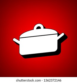 Soucepan, pan icon. Vector. Perspective view of white icon with black outline at reddish background.