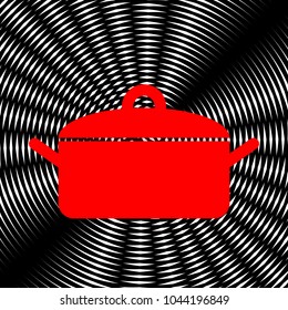Soucepan, pan icon. Vector. Red icon on white and black radial interference as background.