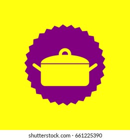 Soucepan, pan icon. Vector. Violet label with hole as icon on yellow background.
