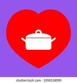 Soucepan, pan icon. Vector. White icon in red heart at lavender background.