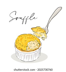 Souffle in a classic white Porcelain Souffle Ramekin on white Background - Isolated. Vector illustration.