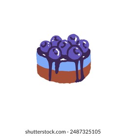 Souffle cupcake with fresh blueberries. Cute cake with blackberry, icing. Biscuit dessert, sweet food with berries. Confectionery icon. Flat isolated hand drawn vector illustration on white background