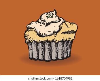 Souffle egg Hand drawn outline with color artwork on orange background with shadow 