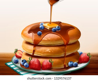 Souffle pancake with dripping honey and fresh fruits in 3d illustration