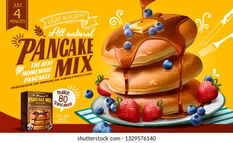 Souffle pancake mix ads with fresh fruits and honey sauce in 3d illustration, yellow background