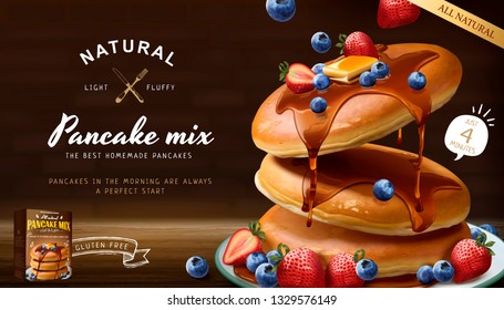 Souffle pancake mix ads with fresh fruits and honey sauce in 3d illustration