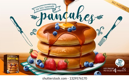 Souffle pancake mix ads with fresh fruits and honey sauce in 3d illustration