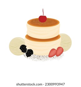 Souffle Pancake Vector Illustration Logo With Ice Cream And Fresh Fruit