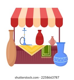 Souk trade tent flat vector illustration. Oriental street marketplace with pottery, merchant stalls on white background. Marketing, Middle East, Thailand or India concept