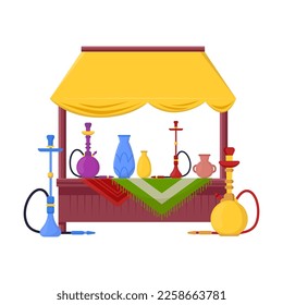 Souk trade tent with hookahs vector illustration. Oriental bazaar or street marketplace, merchant stalls on white background. Marketing, Middle East, Thailand or India concept