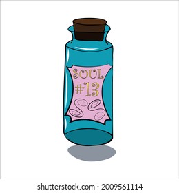 Soul 13. Magic colored flask of witch fluid for mystery process hand drawn. On white background for decor