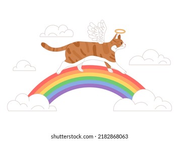 Die Seele einer toten Katze überquert die Regenbogenbrücke. Dead pet Konzept, Vektorgrafik.