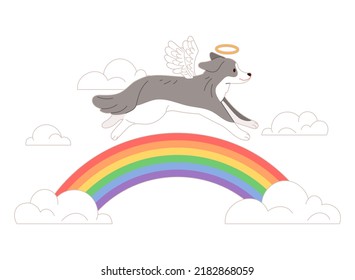 The soul of a dead dog is crossing the rainbow bridge. Dead pet concept vector illustration.